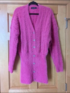 Retrofete Vibrant Pink Fuzzy Button-Front Mini Dress